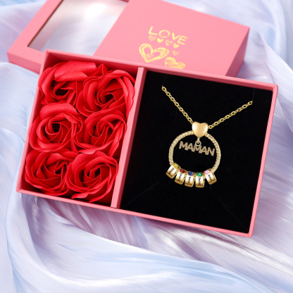 À ma Maman - Collier Pendentif 5 Prénoms Personnalisés avec Pierre de naissance