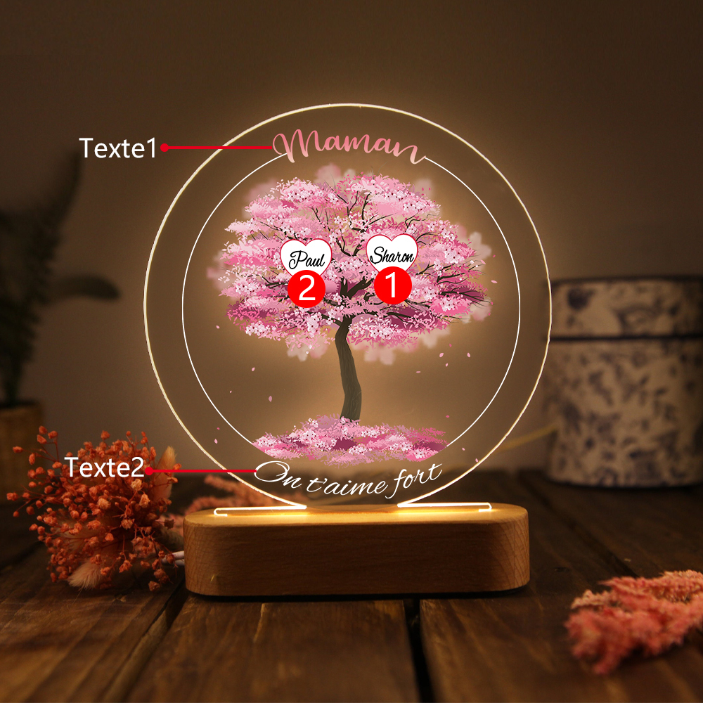 À Maman/Mamie - Lampe de chevet LED Lumières Arbre 2 Prénoms et 2 Textes Personnalisés pour Famille