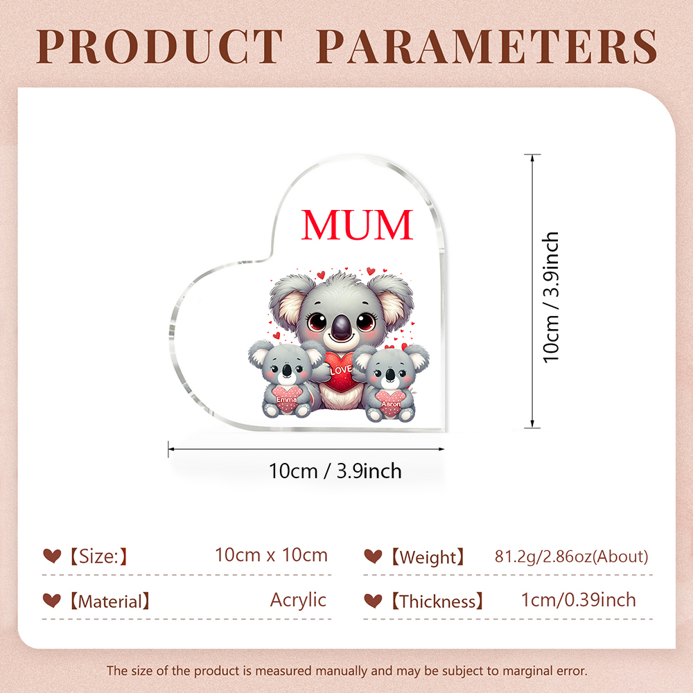 À ma Maman/Mamie - Plaque Acrylique en Forme de Cœur Koala 2 Prénoms Personnalisés avec 1 Texte