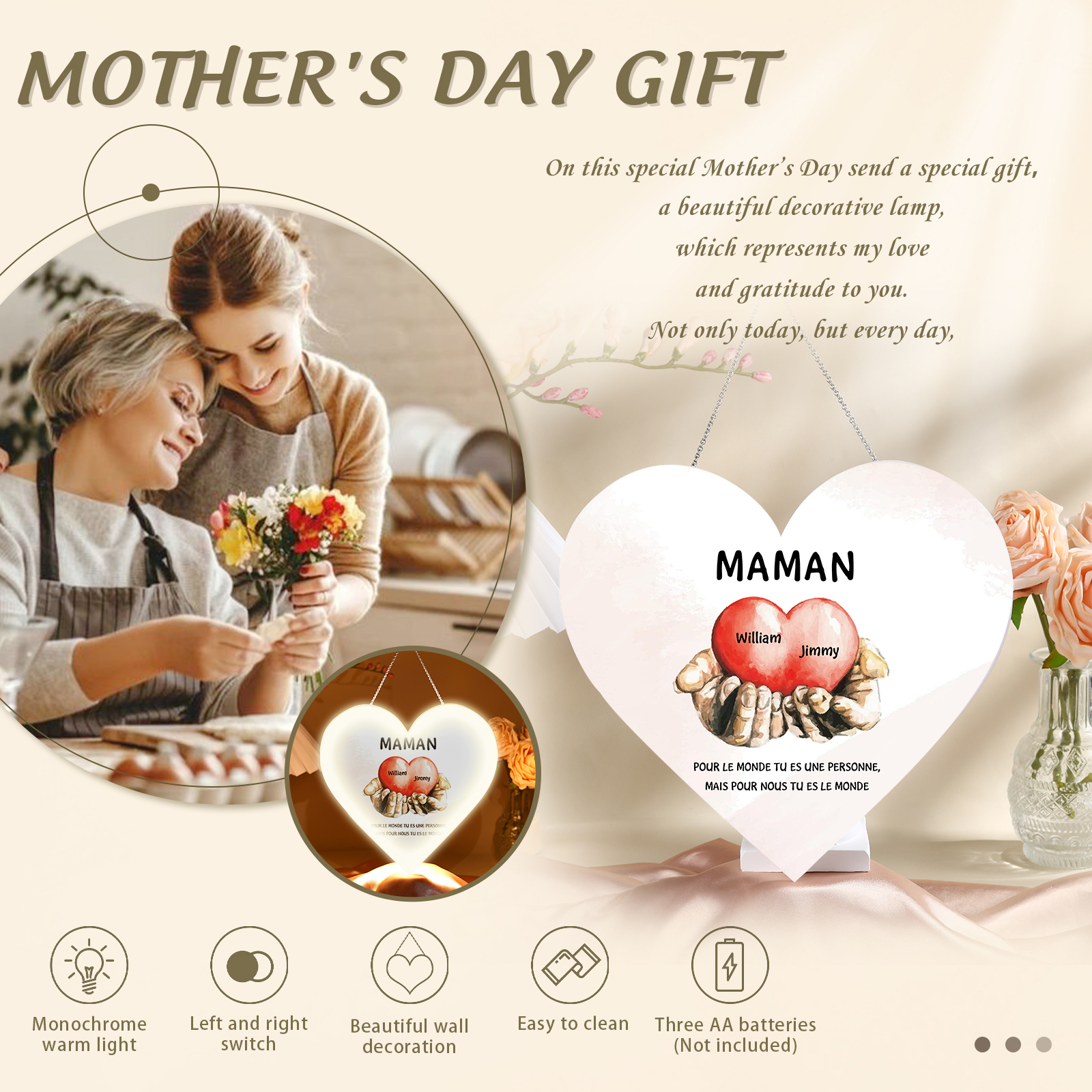 À Maman/Mamie - Veilleuse Cœur Décoration Mains et Cœur 2 Prénoms Personnalisés avec 2 Textes