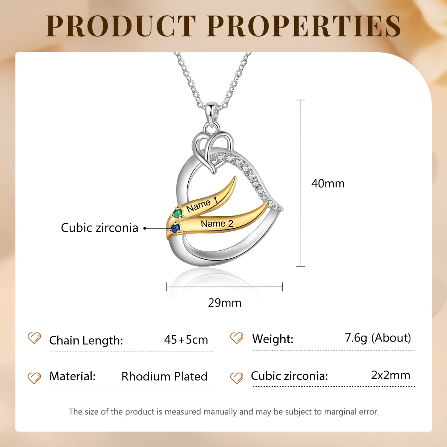 Collier Pendentif Cœur et Ailes Collier Personnalisé Femme avec 2 Prénoms et Pierres de naissance|Jessemade