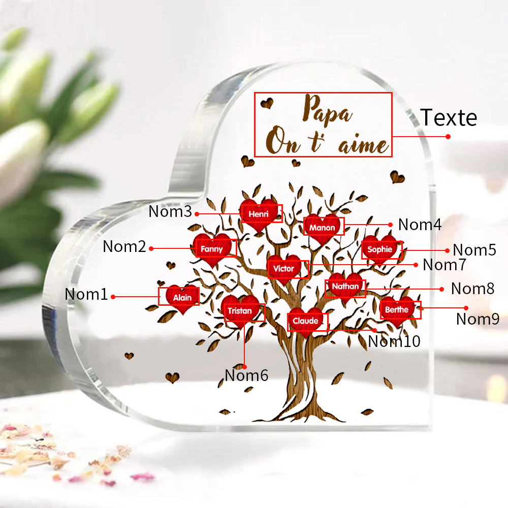 Plaque Acrylique en Forme de Cœur Arbre de vie Arbre généalogique 10 Prénoms Personnalisés avec Texte | Jessemade