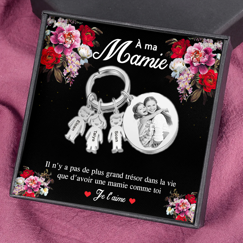 À Ma Mamie - Porte-Clés 3 Prénoms Personnalisé et photo et texte Avec Breloques 3 Enfants