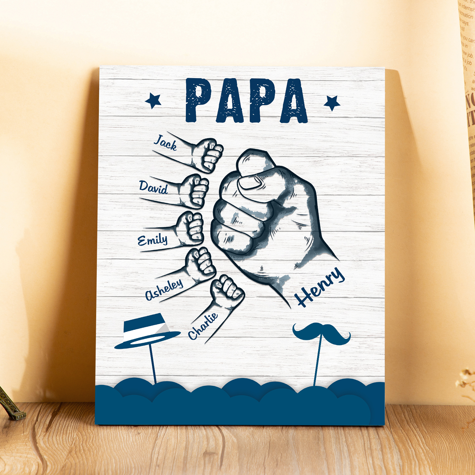 À Mon Papa/Papi-Cadre en Bois Poings 6 Prénoms Personnalisés avec Texte