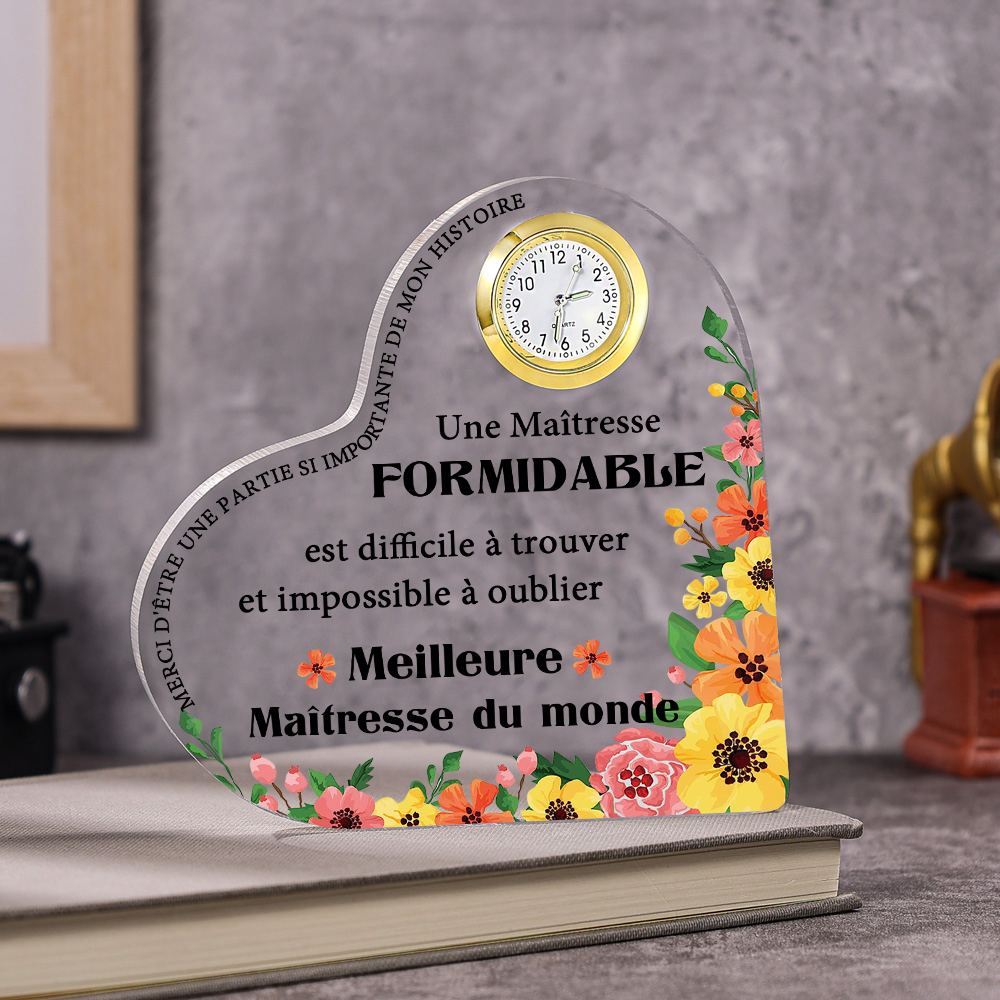 Cadeau Maîtresse – Plaque acrylique Coeur avec Horloge et Message “Meilleure Maîtresse du Monde” | Jessemade