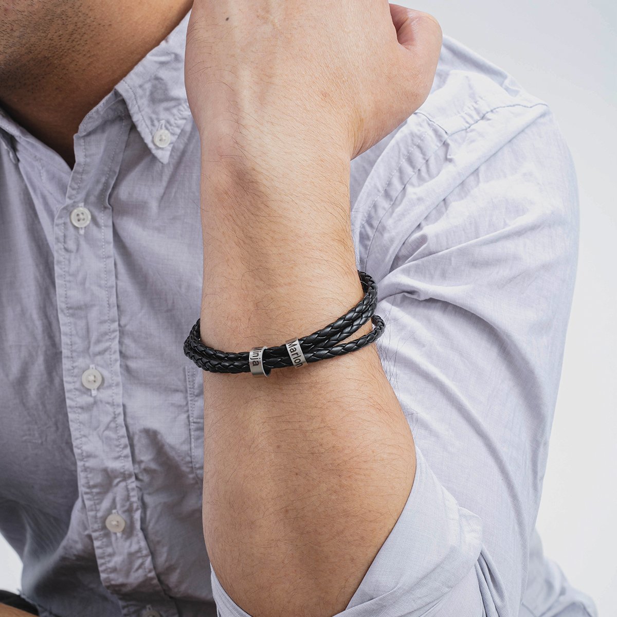 Bracelet Cuir tressé Prénom Personnalisé Bracelet Homme Avec 2 Perles