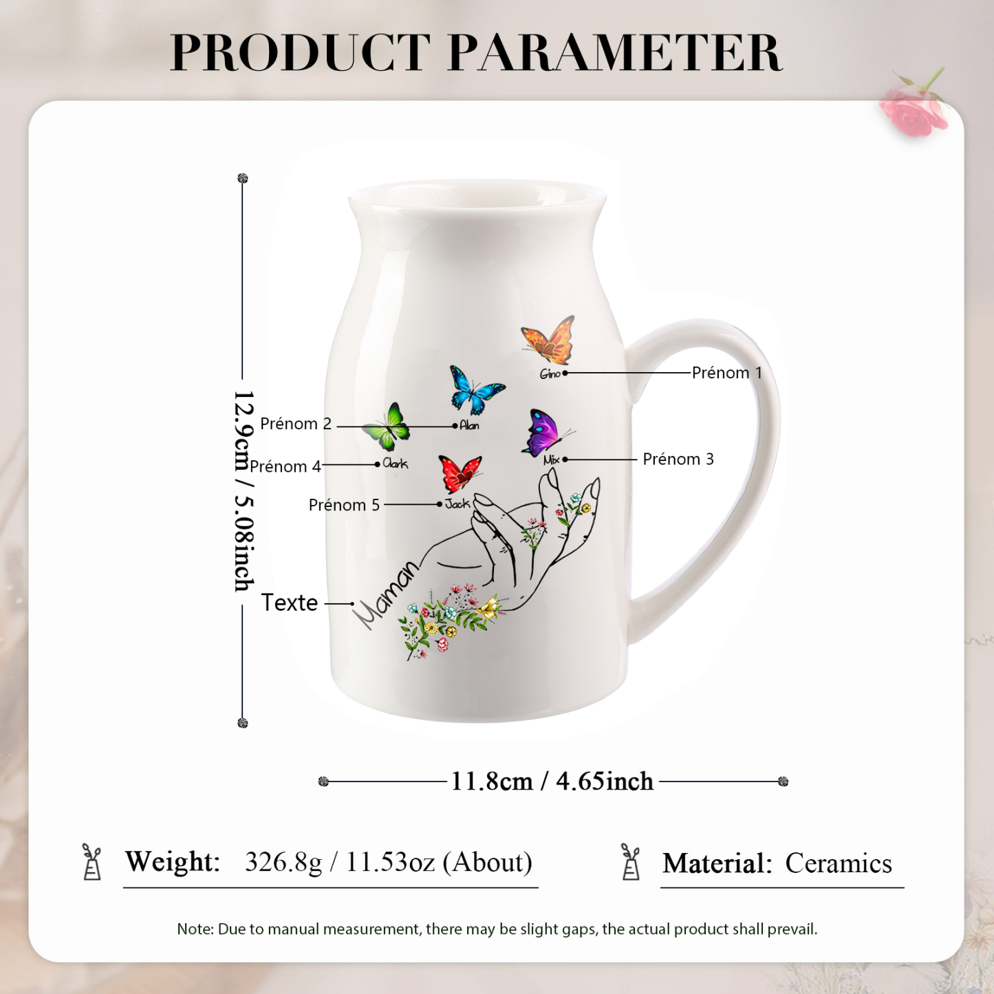 Vase à Fleurs Mains et Papillons 5 Prénoms Personnalisés avec Texte Décoration de la Maison