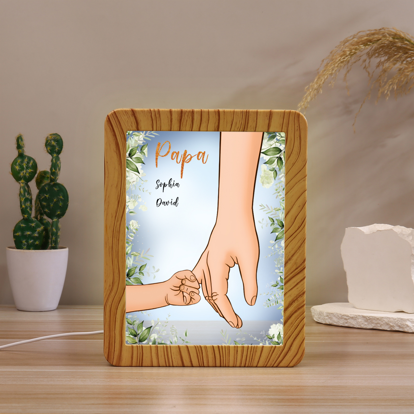 Lampe LED/Cadre Photo/Miroir multifonctionnel la main dans la main 2 Prénoms et 1 Tetxe Personnalisés Cadeau Créatif pour Famille
