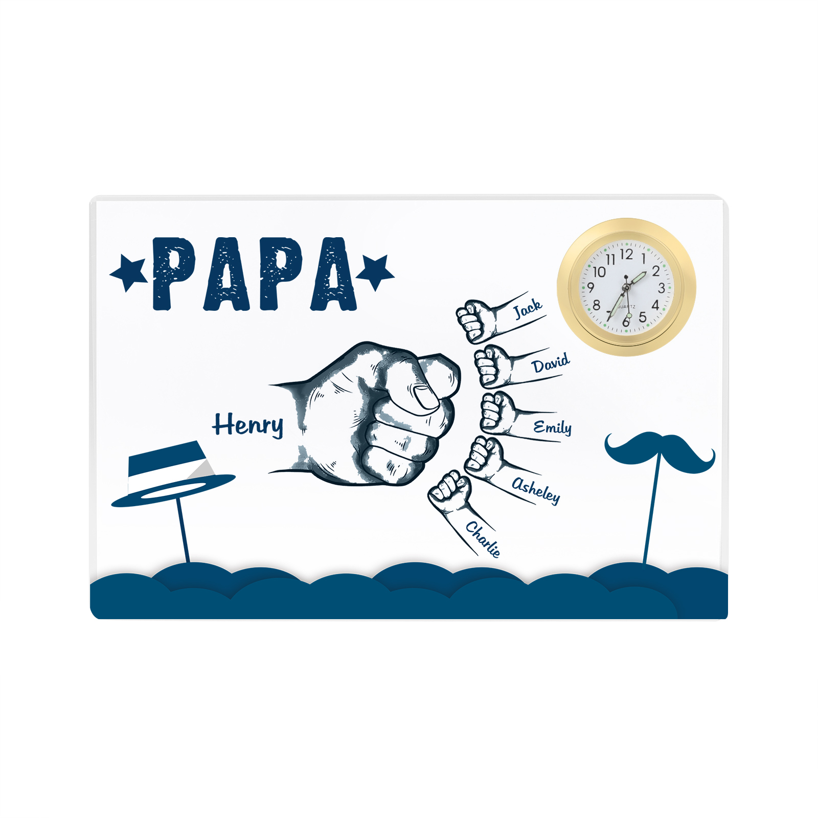 À Papa/Papi - Plaque Acrylique Poings Rectangle avec Horloge 6 Prénoms et 1 Texte Personnalisés