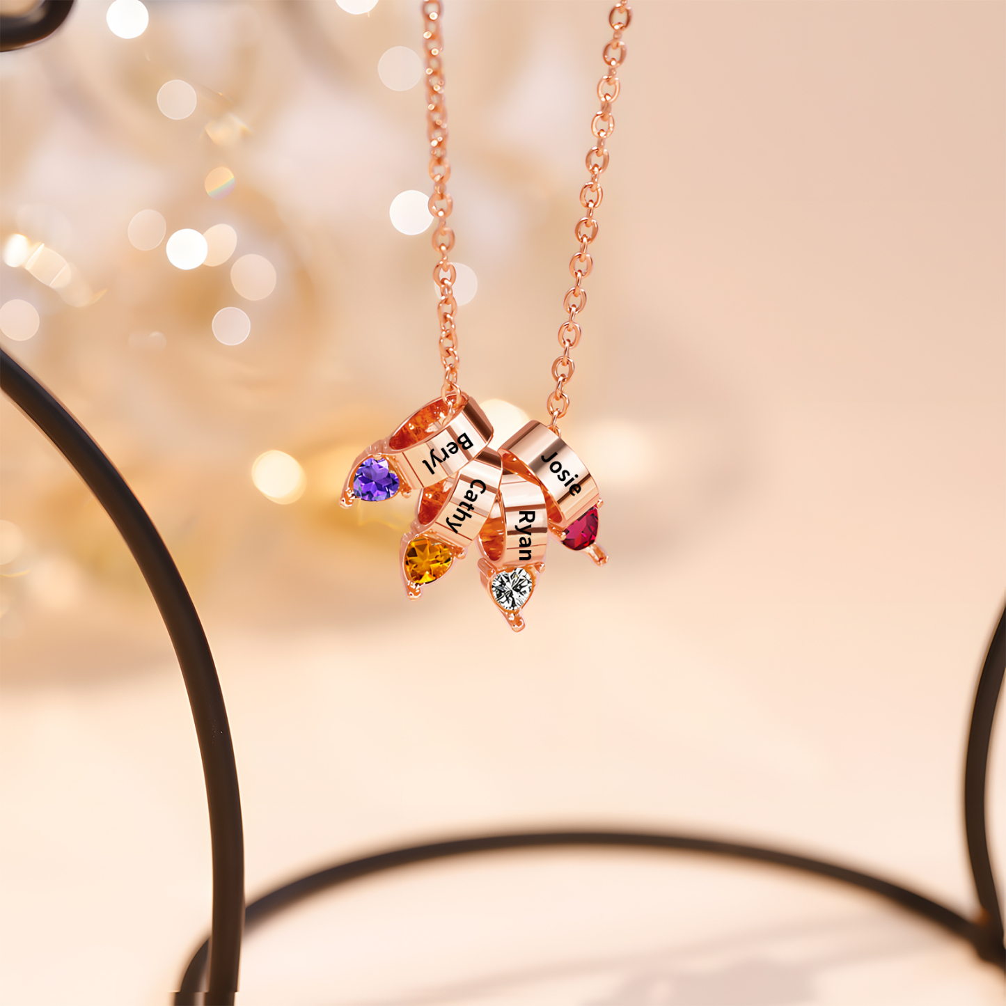 Collier Pendentif Cœur 4 Prénoms et Pierres de Naissance Personnalisés Collier Femmes