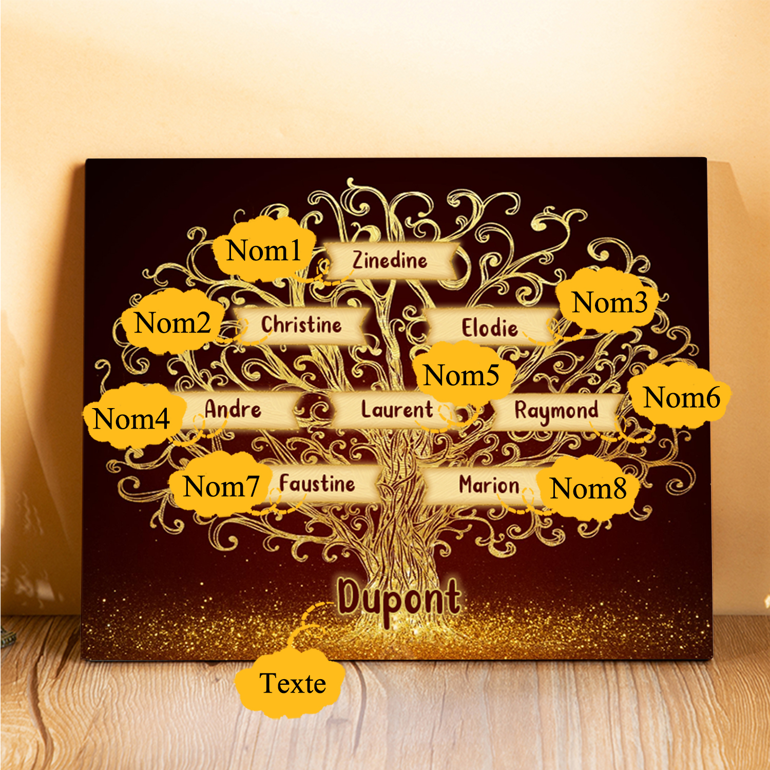 Cadre en Bois Arbre 8 Prénoms Personnalisés avec Texte Cadeau pour Famille