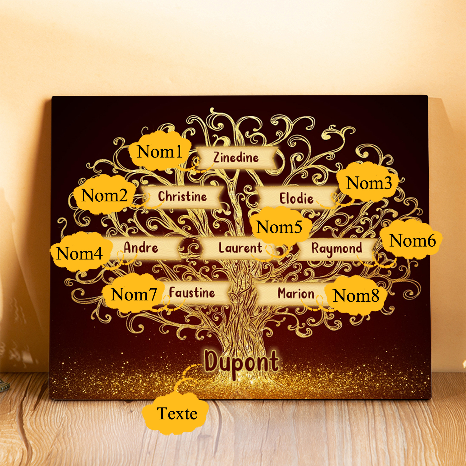 Cadre en Bois Arbre 8 Prénoms Personnalisés avec Texte Cadeau pour Famille