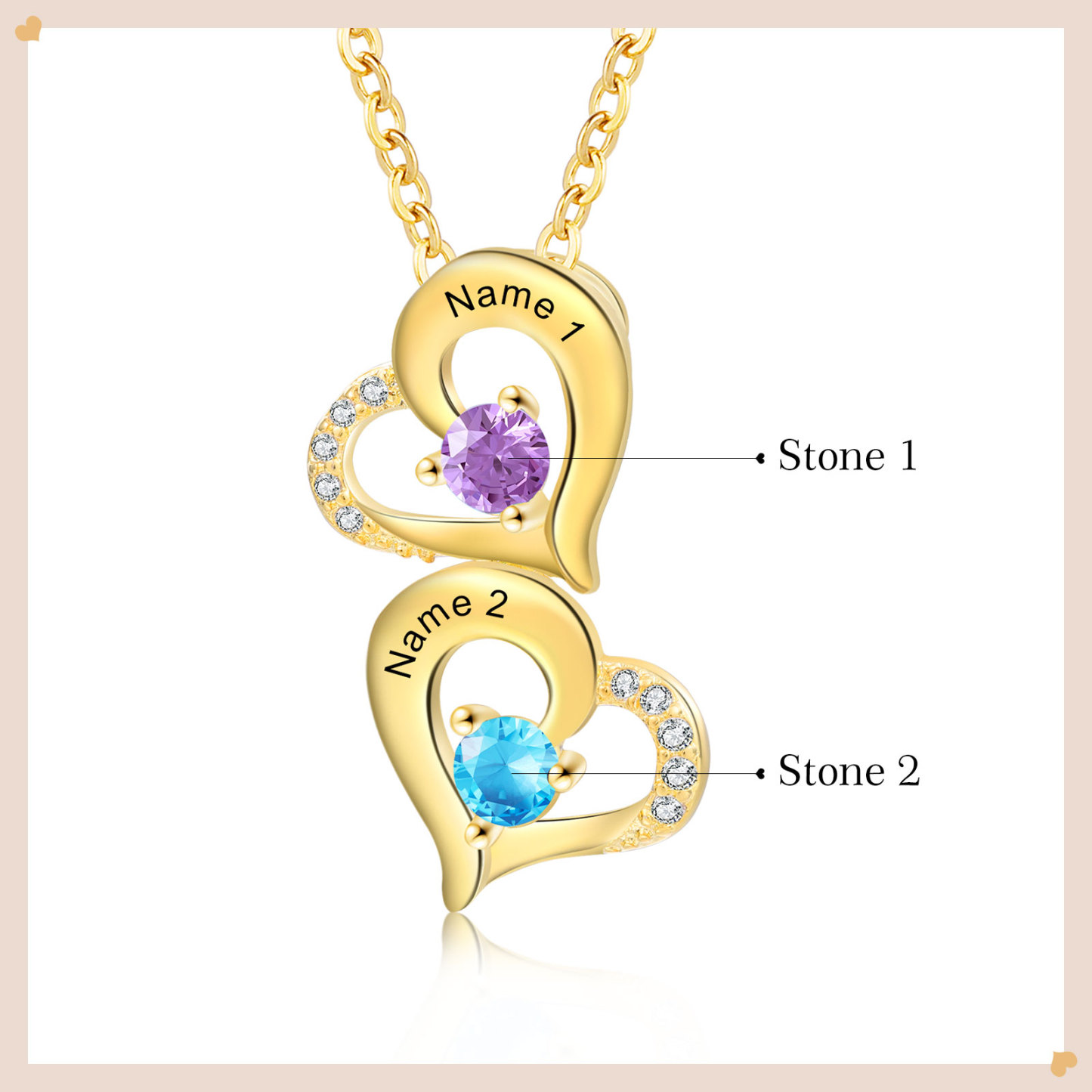 Collier Coeur 2 Prénoms Personnalisés avec Pierre de naissance Or/Or Rose pour Femmes|Jessemade