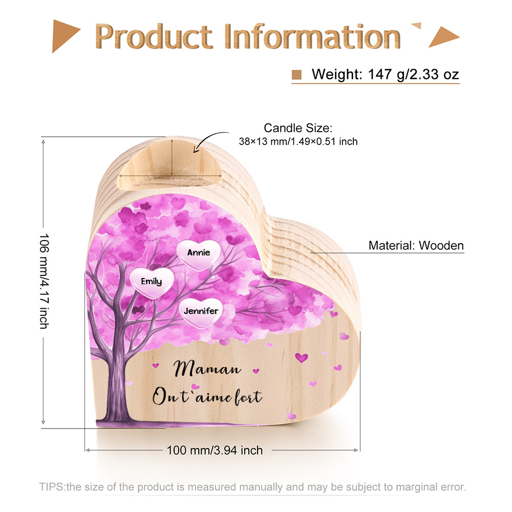 À Ma Maman/Mamie - Bougeoir en Bois Arbre 3 Prénoms et 1 Texte Personnalisés pour Famille sans bougie
