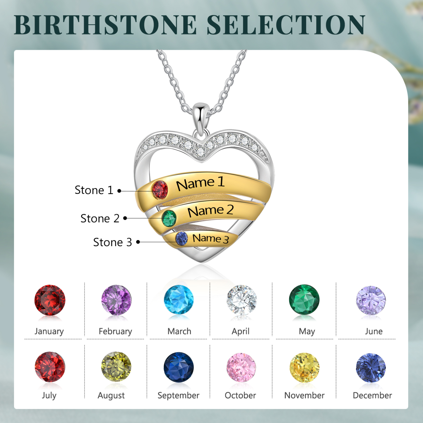 Collier Pendentif Cœur 3 Prénoms Personnalisés avec Pierre de Naissance Collier Femmes