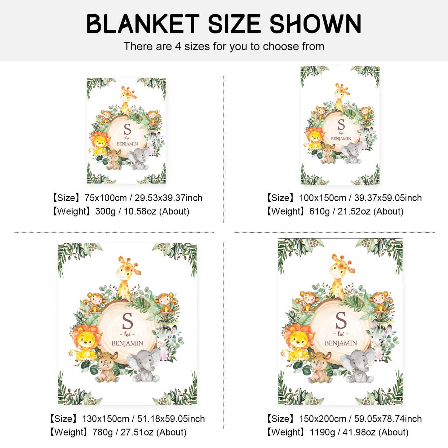 Couverture plaids polaire le monde animal 1 Prénom Personnalisé avec 1 lettre pour enfant