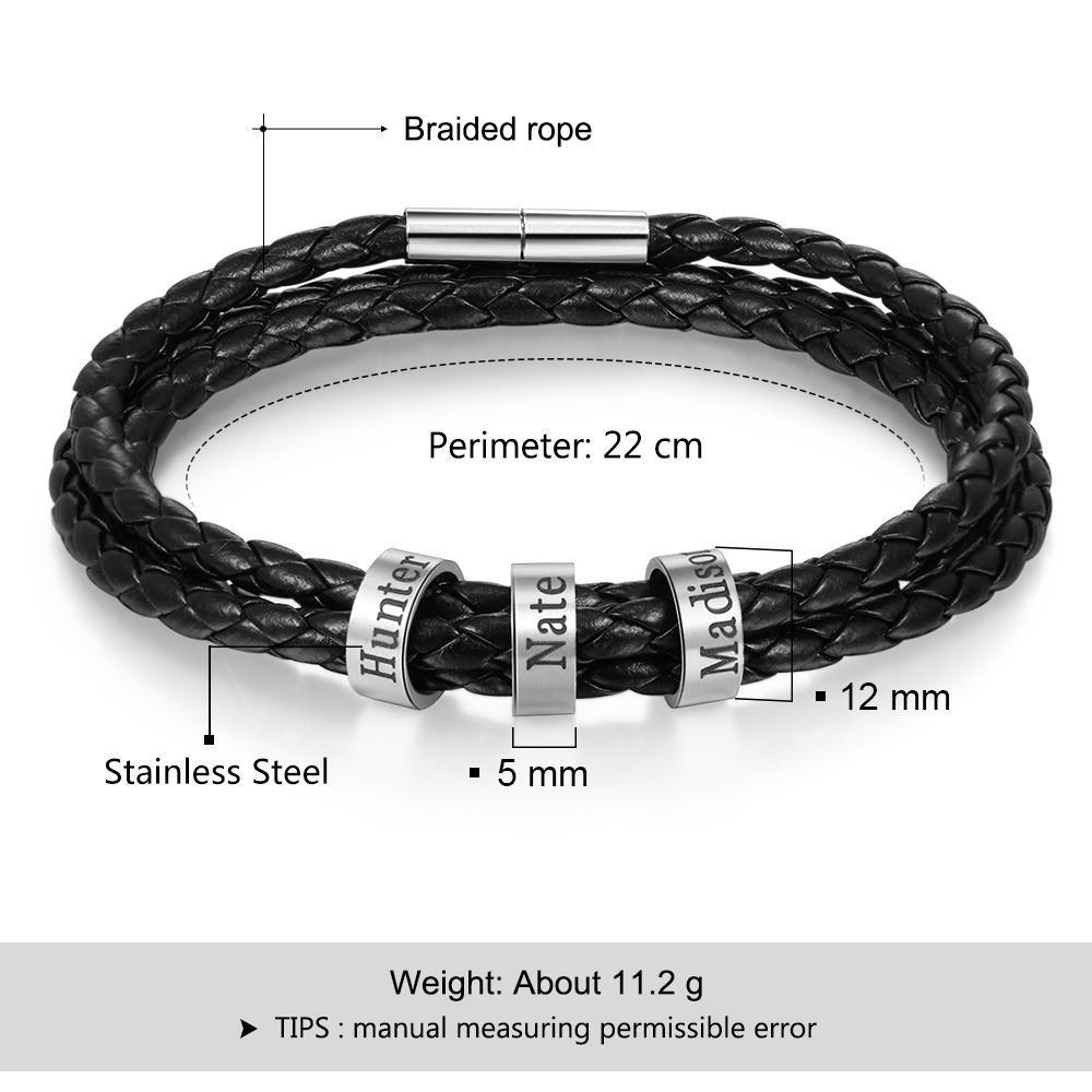 Bracelet Prénom Personnalisé en Cuir Tressé 3 Perles Bracelet Homme Bracelets Unique Meilleur