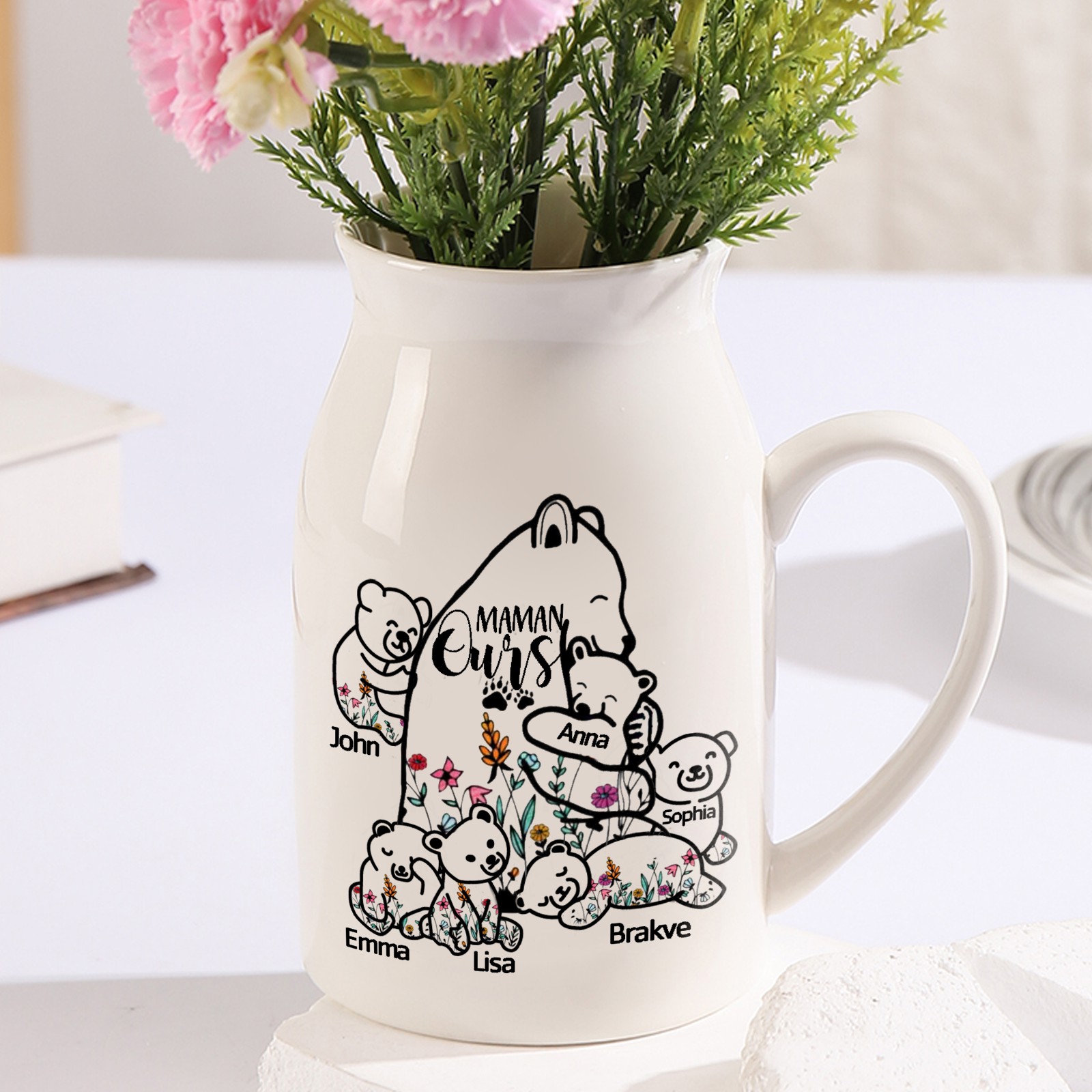 Vase à Fleurs Ours 6 Prénoms Personnalisés avec Texte Décoration de la Maison