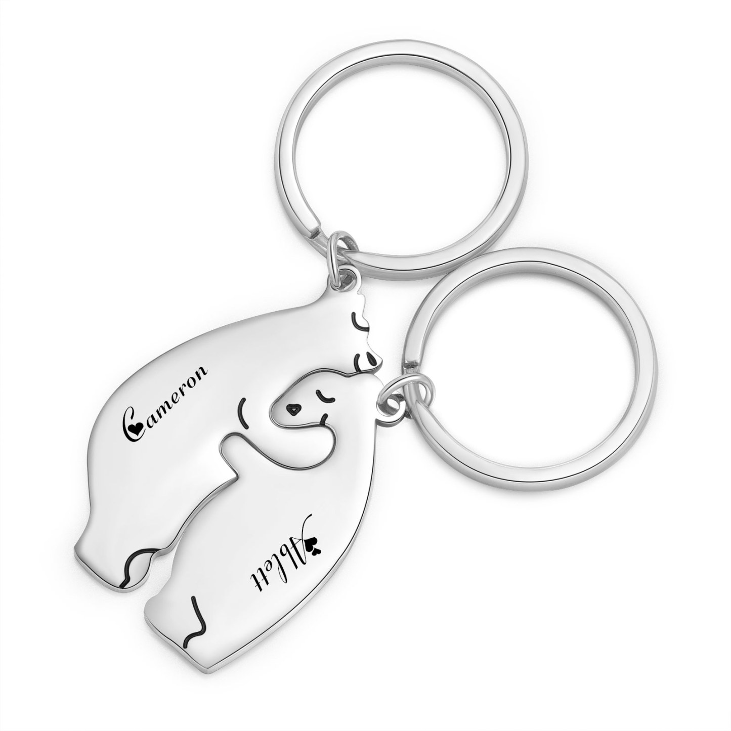 2PCS Porte-Clés Ours Couple 2 Prénoms Personnalisés