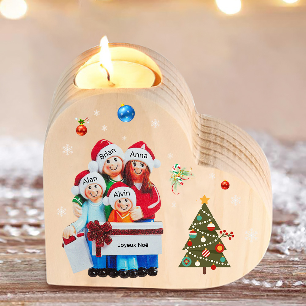 Bougeoir en Bois de Noël Poupée 4 Prénoms Personnalisés sans bougie