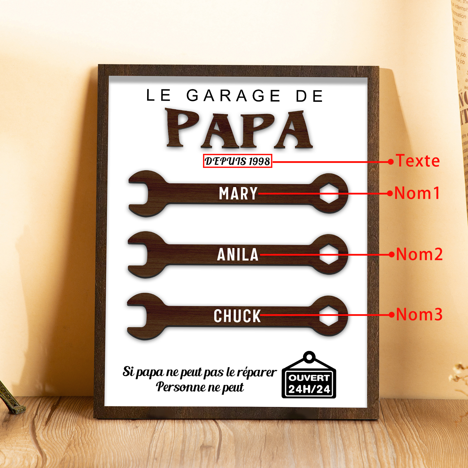 À Mon Papa-Cadre en Bois Garage 3 Prénoms Personnalisés | Jessemade