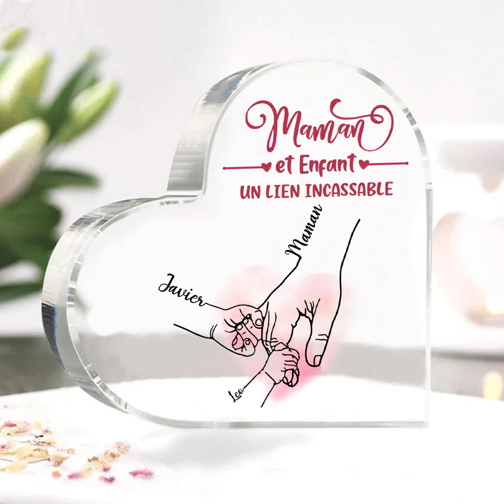 À ma Maman - Plaque Acrylique en Forme de Cœur la main dans la main 3 Prénoms Personnalisés