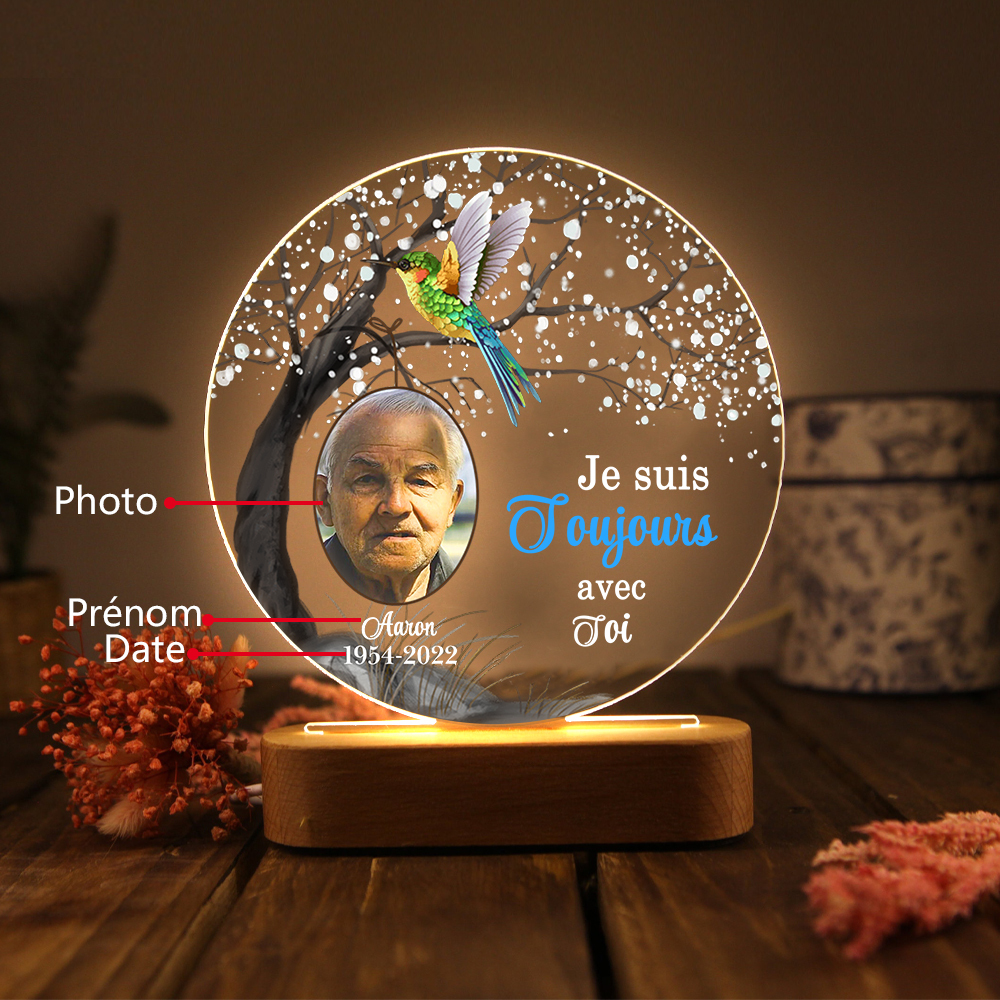 Lampe de chevet LED Commémorative 1 Prénom et Photo Personnalisés avec Date