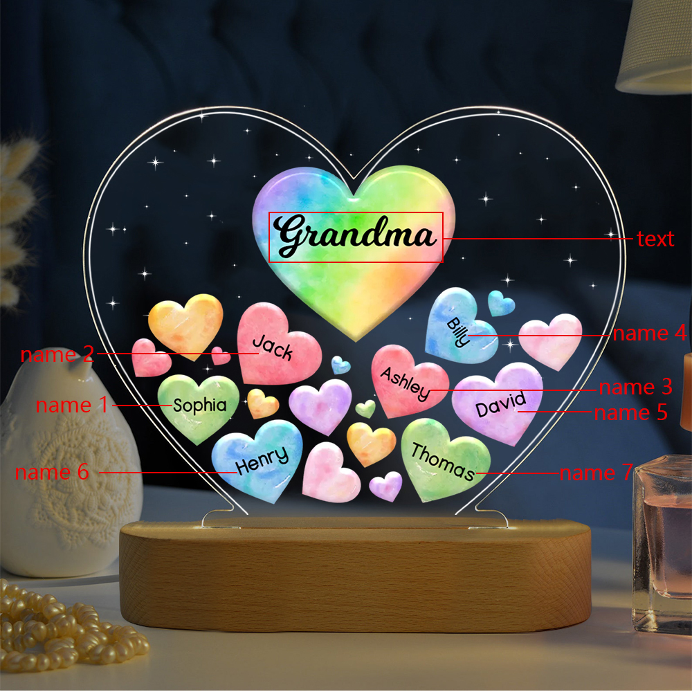 À Maman/Mamie - Lampe de chevet LED Cœurs 7 Prénoms Personnalisés avec 1 Texte
