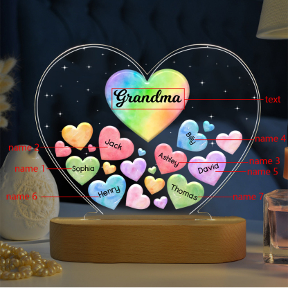 À Maman/Mamie - Lampe de chevet LED Cœurs 7 Prénoms Personnalisés avec 1 Texte