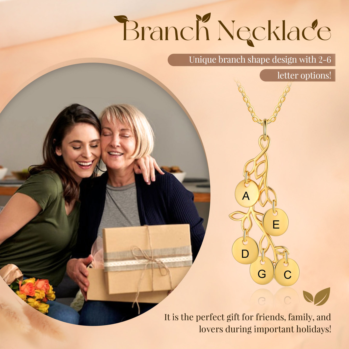 Collier Branches et Feuille 5 Letrres Personnalisés Collier Femmes