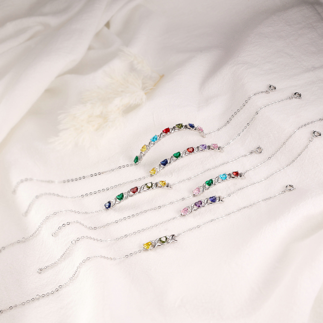 Bracelet à Breloque 3 Prénoms Personnalisé avec 3 Pierres de Naissance