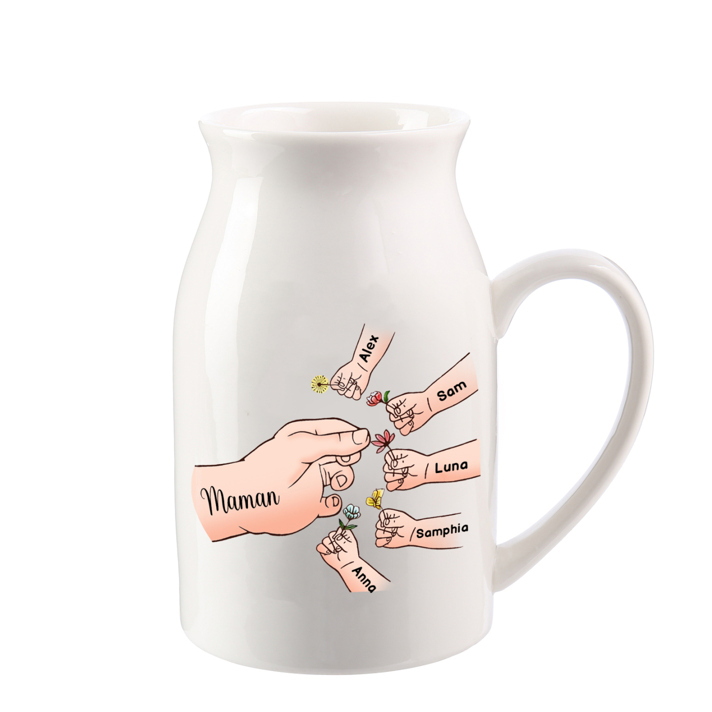 Vase à Fleurs Mains et Enfants 6 Prénoms Personnalisés Décoration de la Maison