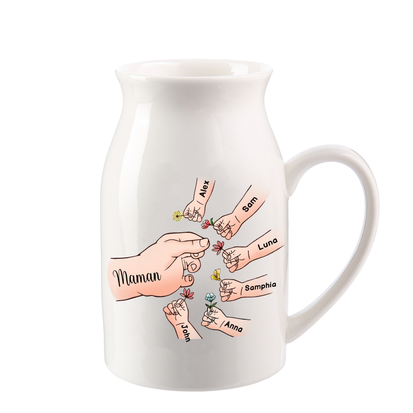 Vase à Fleurs Mains et Enfants 7 Prénoms Personnalisés Décoration de la Maison