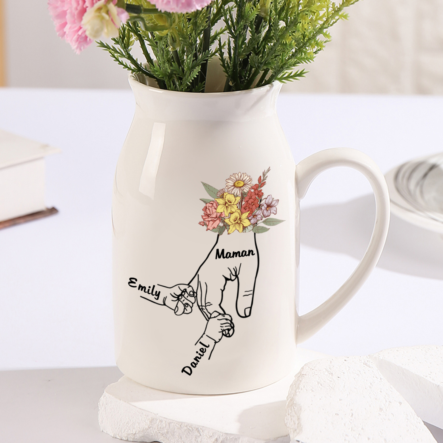 Vase à Fleurs la main dans la main 2 Prénoms Personnalisés avec Texte Décoration de la Maison