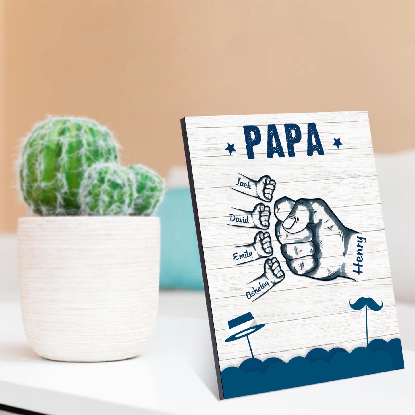 À Mon Papa/Papi-Cadre en Bois Poings 5 Prénoms Personnalisés avec Texte