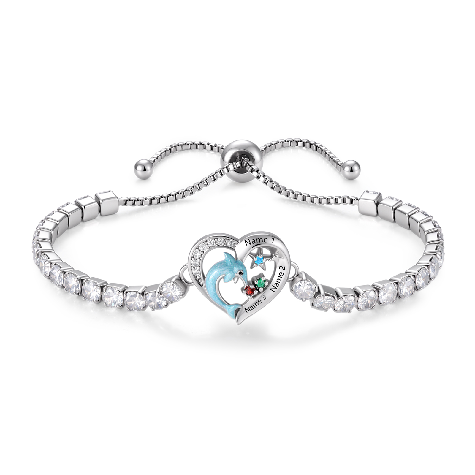 Bracelet Personnalisé Cœur Dauphin avec 2-5 Prénoms & Pierres de Naissance pour Femme