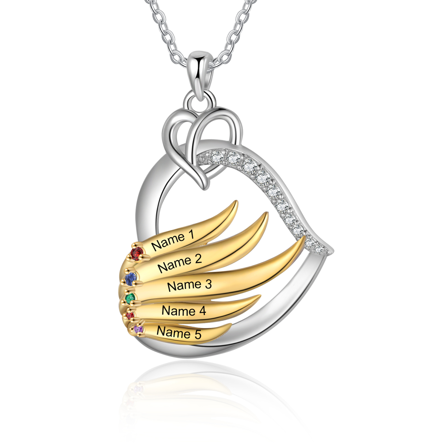 Collier Pendentif Cœur et Ailes Collier Personnalisé avec 5 Prénoms et Pierres de naissance pour Femme|Jessemade