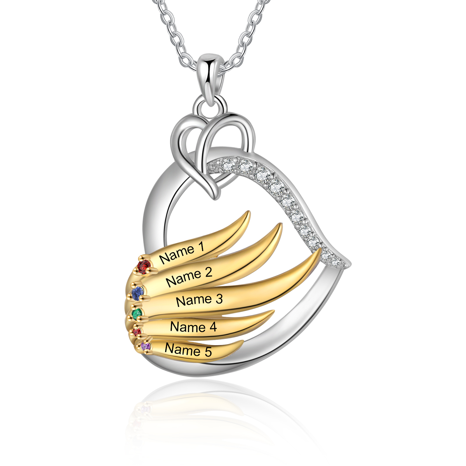 Collier Pendentif Cœur et Ailes Collier Personnalisé avec 5 Prénoms et Pierres de naissance pour Femme|Jessemade