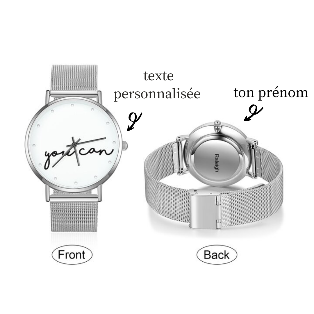 Montre Personnalisée Texte avec Gravure du prénom ou Message Bracelet en acier inoxydable