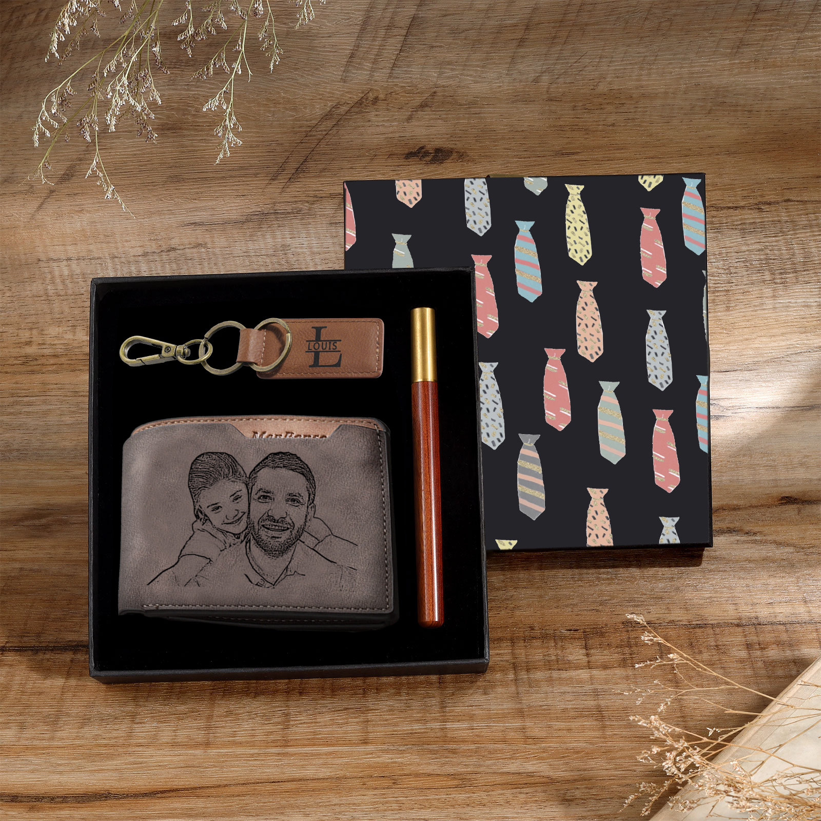 Coffret Cadeau 3PCS - Portefeuille classique Porte-Clés et Stylo 1 Photo et Texte Personnalisés avec 1 Prénom et Lettre Coffret Cadeau pour Homme