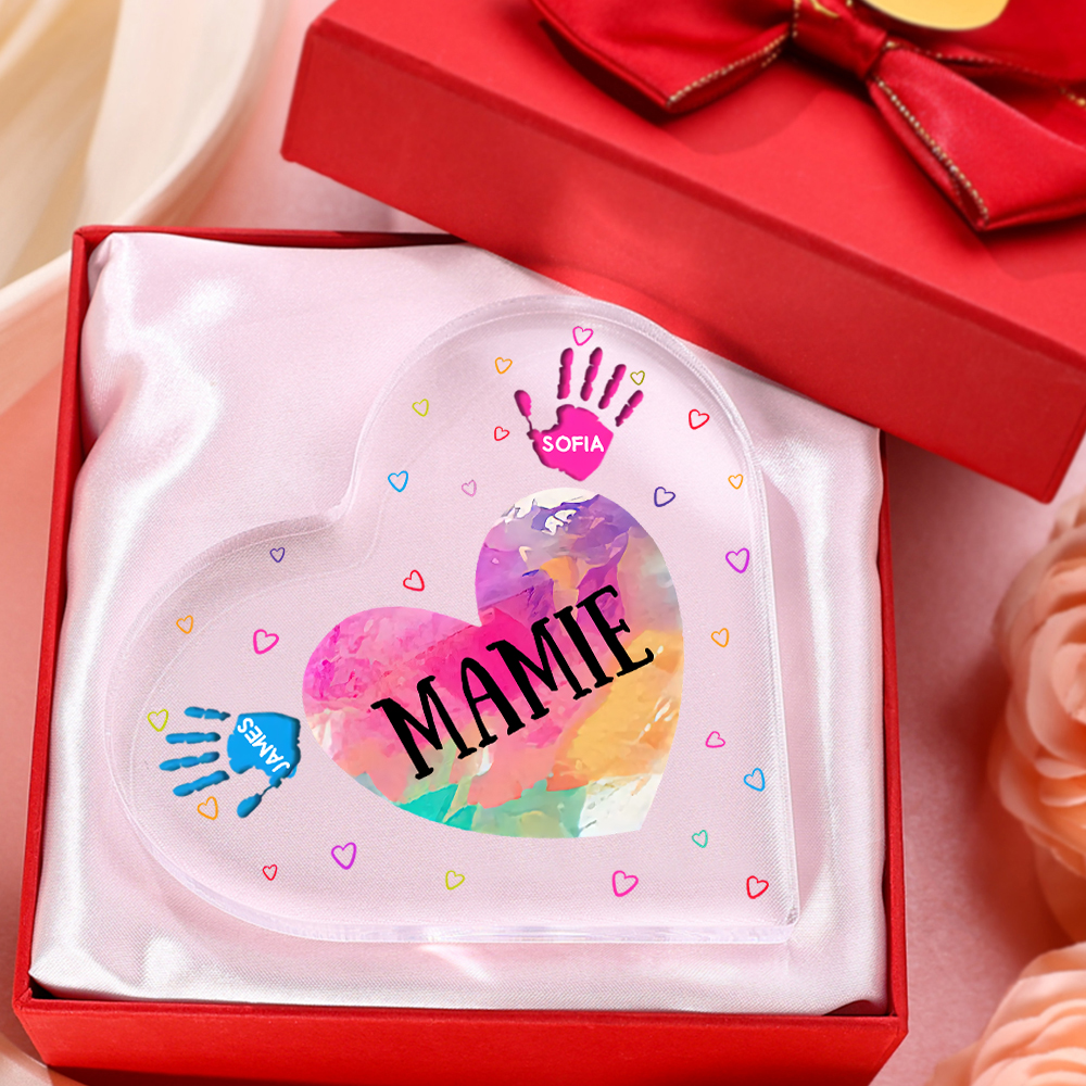 À ma Maman/Mamie - Plaque Acrylique Mains et Enfants en Forme de Cœur 3 Prénoms Personnalisés