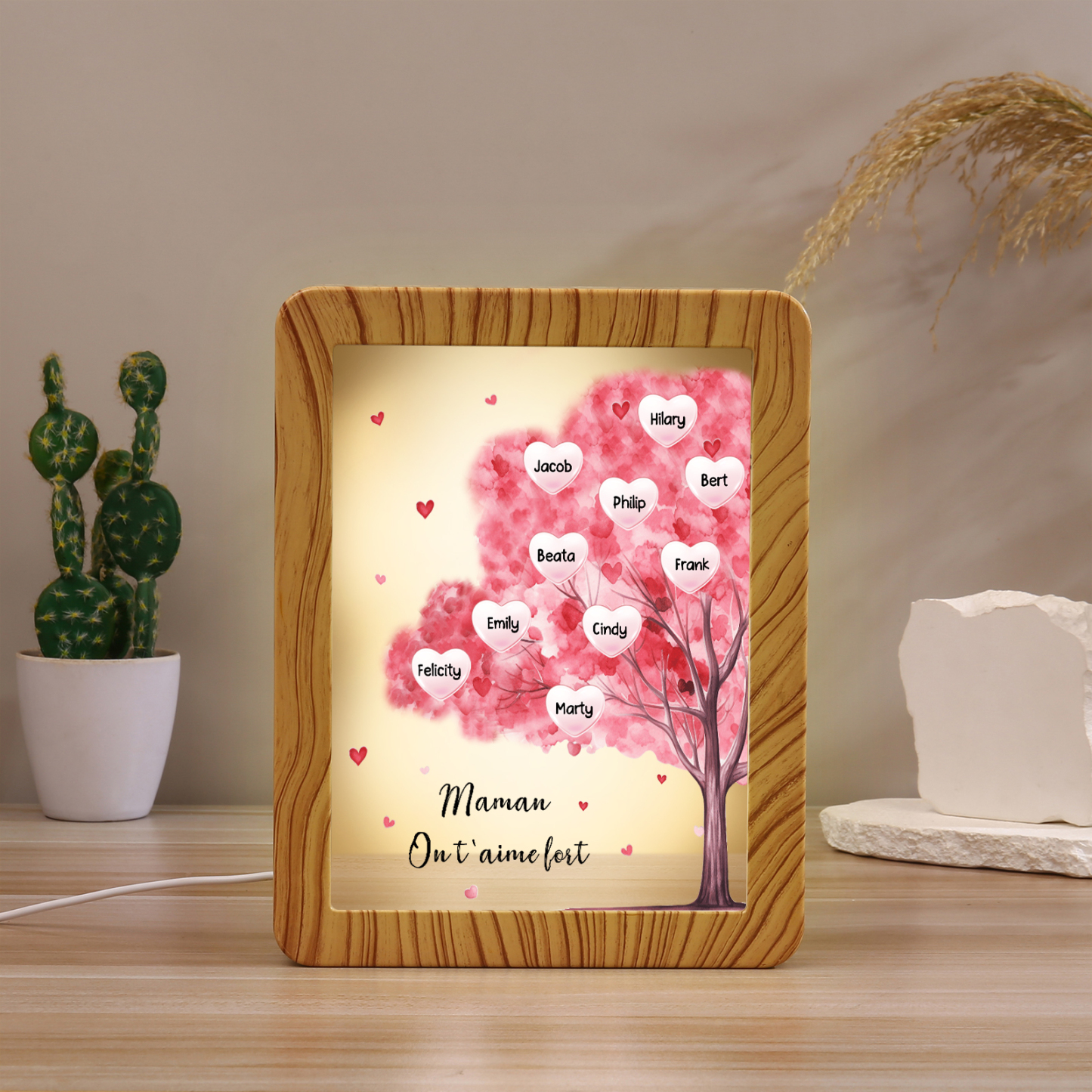 Cadre Photo/Miroir LED Multifonctionnel Arbre 10 Prénoms Personnalisés avec Texte pour Famille