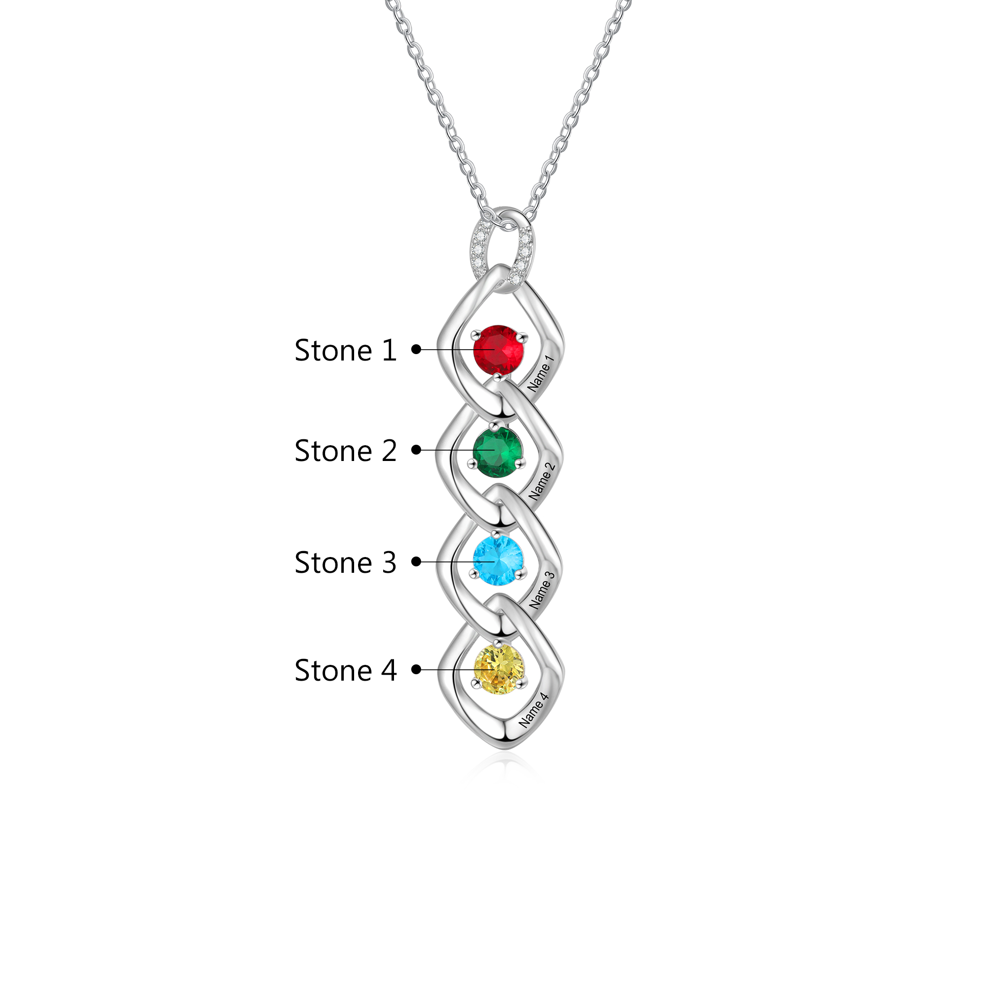 Collier Pendentif 4 Prénoms Personnalisés avec Pierre de naissance pour Femmes