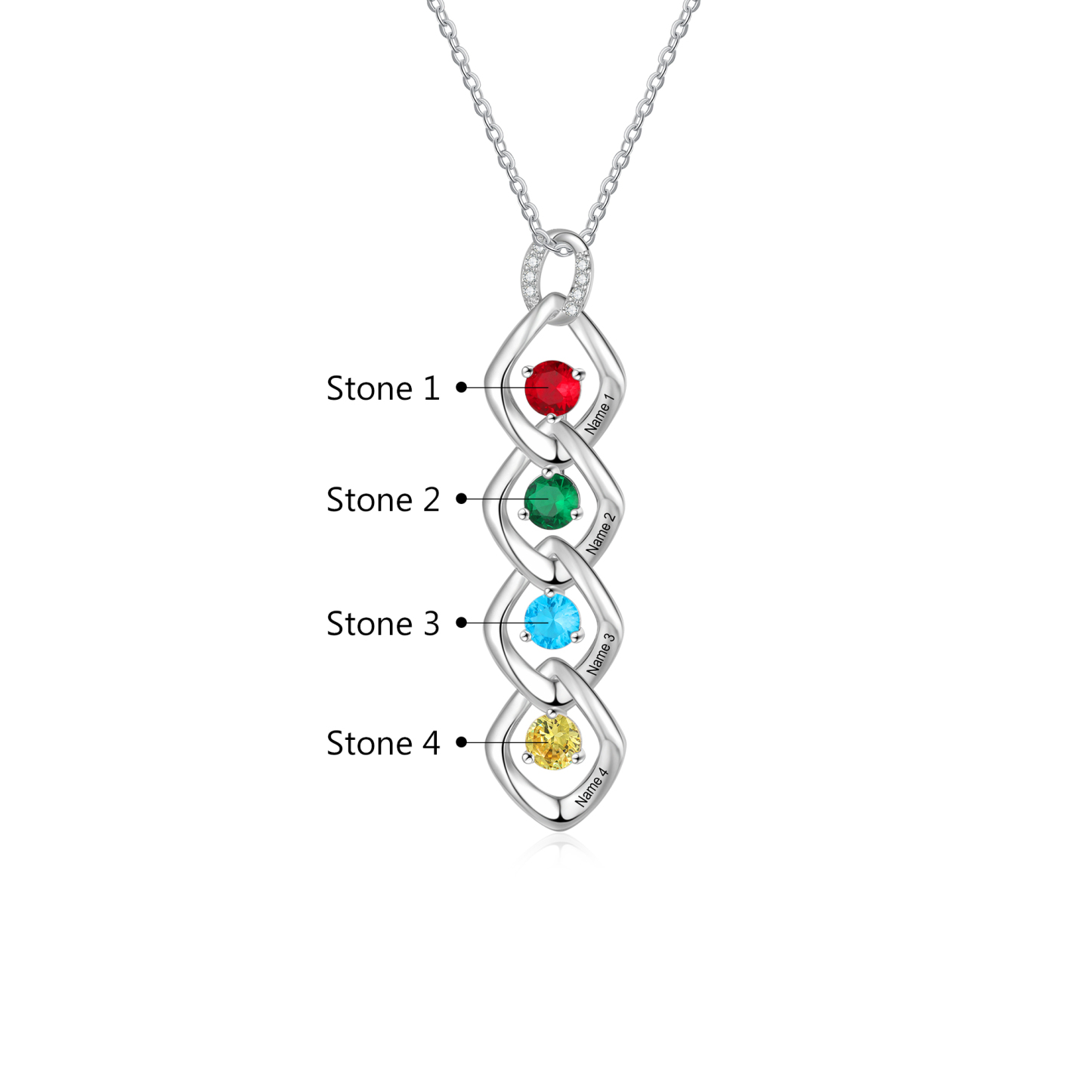 Collier Pendentif 4 Prénoms Personnalisés avec Pierre de naissance pour Femmes