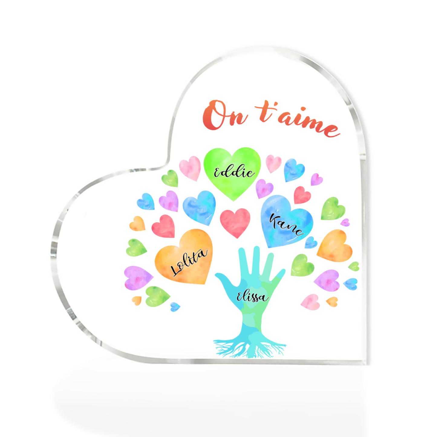 Plaque Acrylique en Forme de Cœur 4 Prénoms Personnalisés avec Texte pour Famille