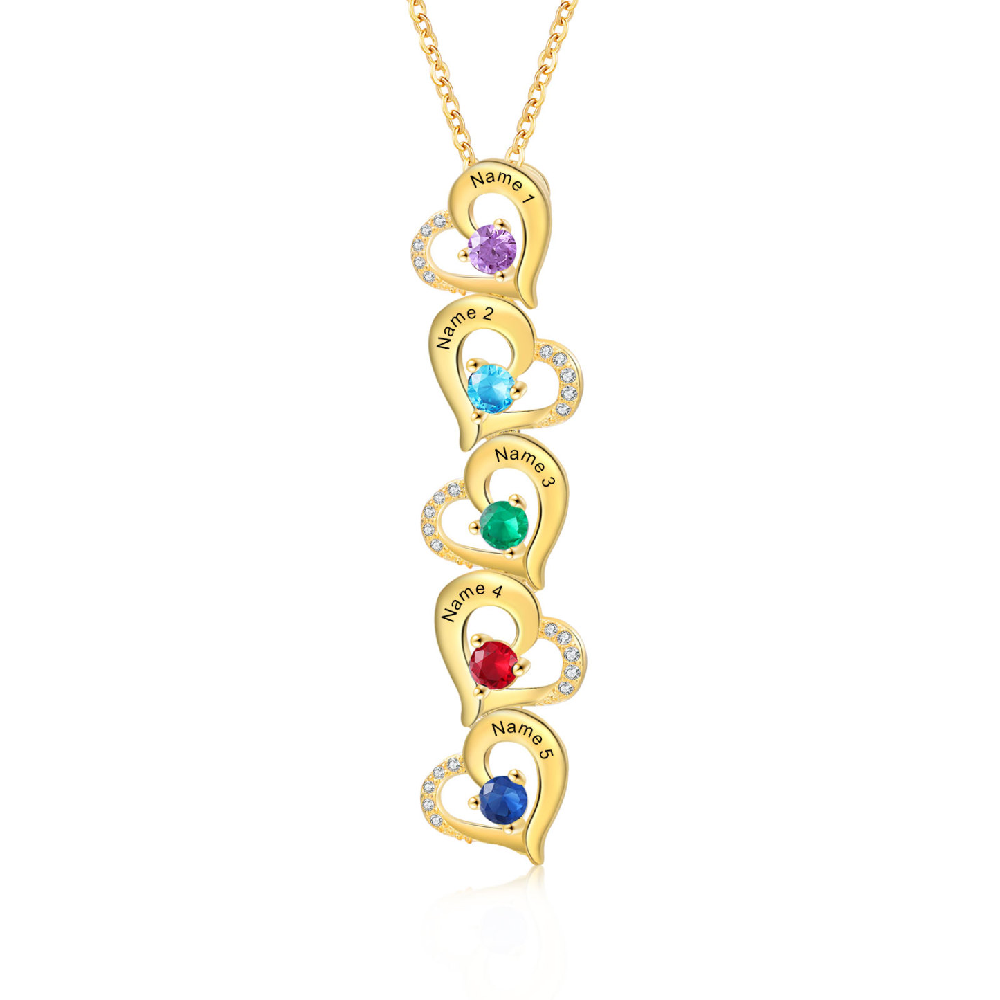 Collier Pendentif Cœur 5 Prénoms Personnalisés avec Pierre de naissance pour Femmes