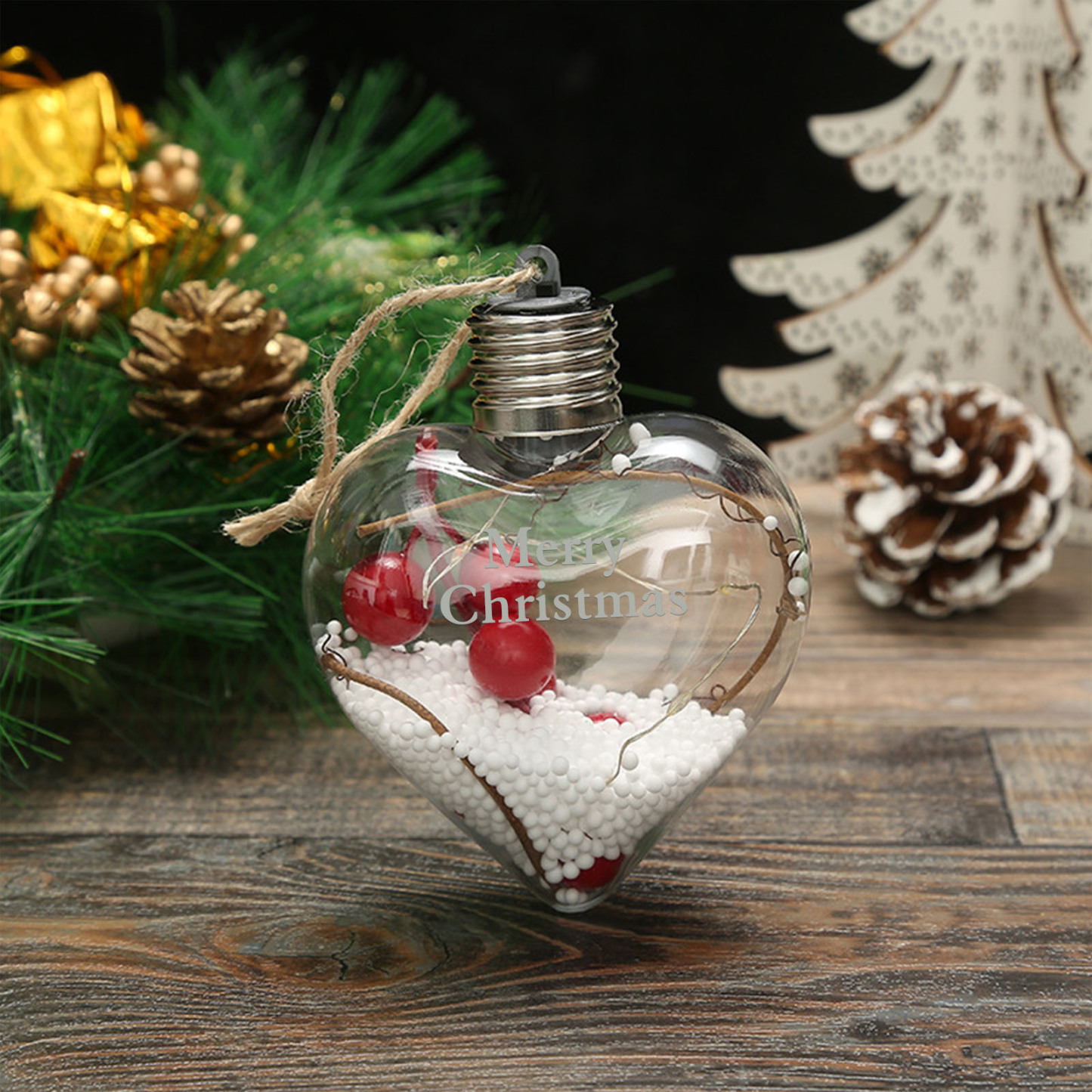 Ornements de Boule transparente Cœur de Noël avec lumières LED texte Personnalisé boule de noël | Jessemade