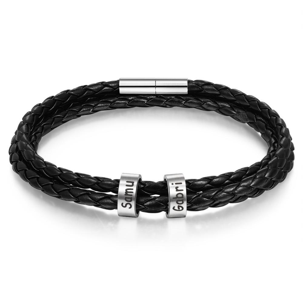 Bracelet Cuir tressé Prénom Personnalisé Bracelet Homme Avec 2 Perles