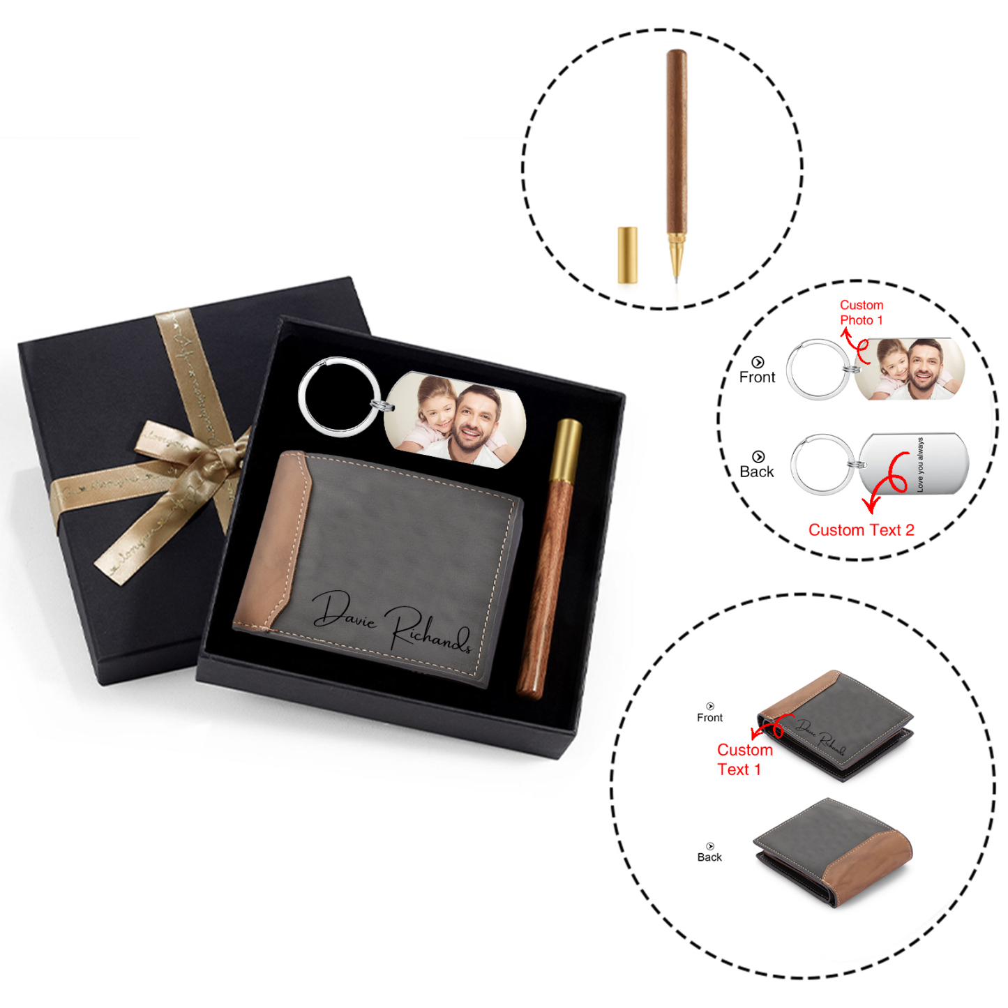 Coffret Cadeau 3PCS - Portefeuille classique Porte-Clés et Stylo 1 Texte et 2 Photos Personnalisés Coffret Cadeau pour Homme