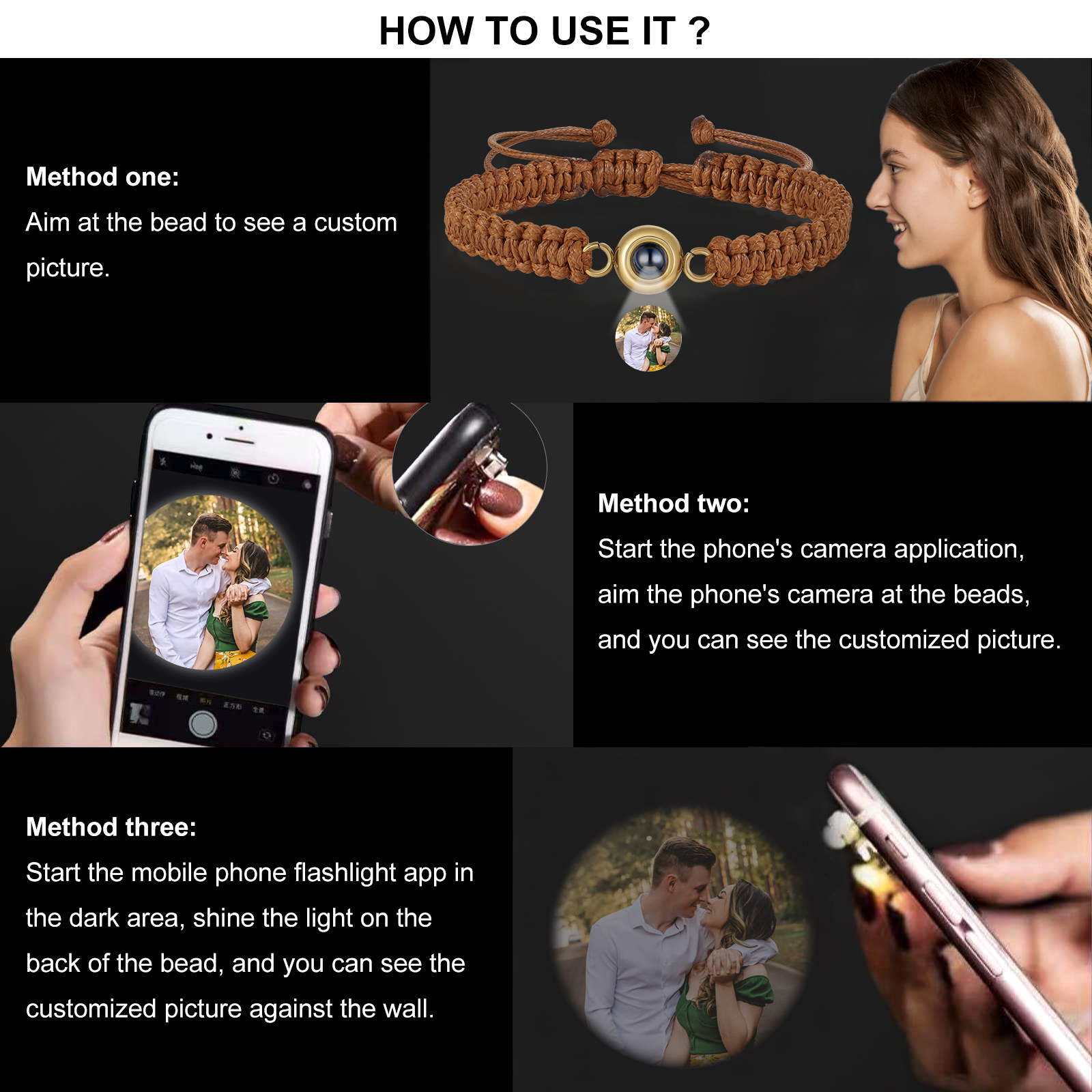 Bracelet Projection de Pierre avec Photo Personnalisée pour couple